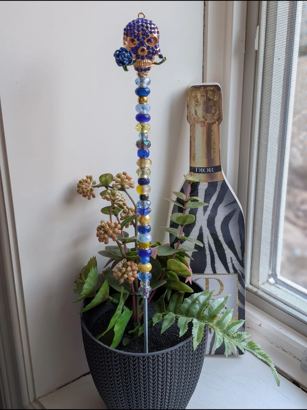 Hand Made Beaded Fairy Wand/Plant/Garden Stake W/Skull Topper in Blue and Gold